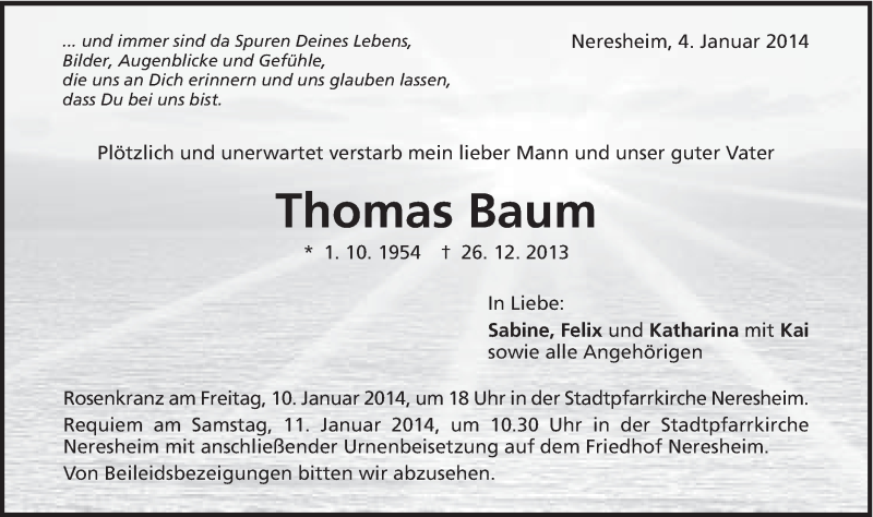  Traueranzeige für Thomas Baum vom 04.01.2014 aus Schwäbische Post