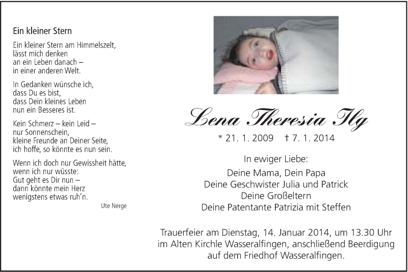  Traueranzeige für Lena Theresia Ilg vom 11.01.2014 aus Schwäbische Post