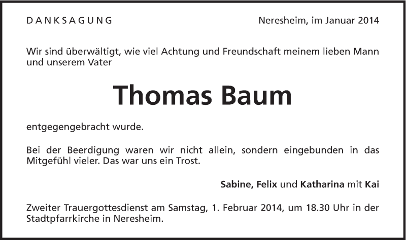  Traueranzeige für Thomas Baum vom 25.01.2014 aus Schwäbische Post