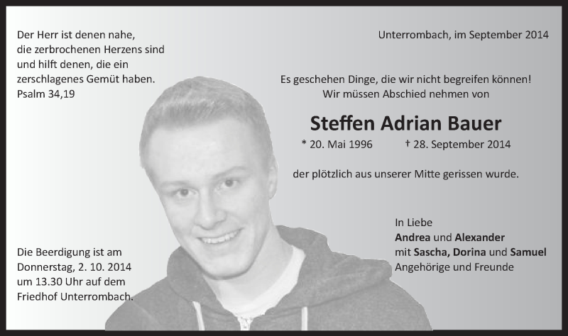  Traueranzeige für Steffen Adrian Bauer vom 01.10.2014 aus Schwäbische Post