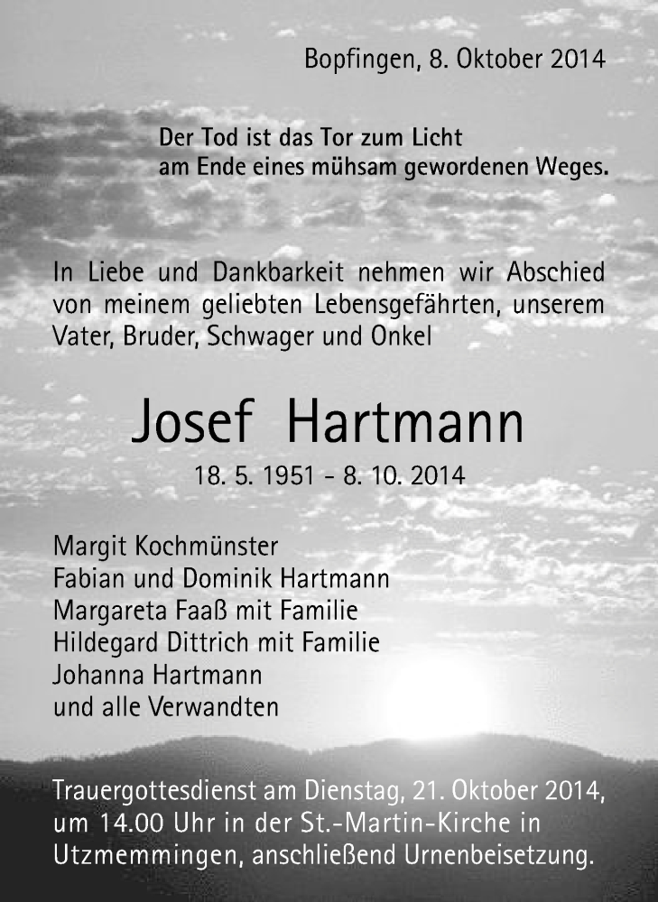  Traueranzeige für Josef Hartmann vom 16.10.2014 aus Schwäbische Post