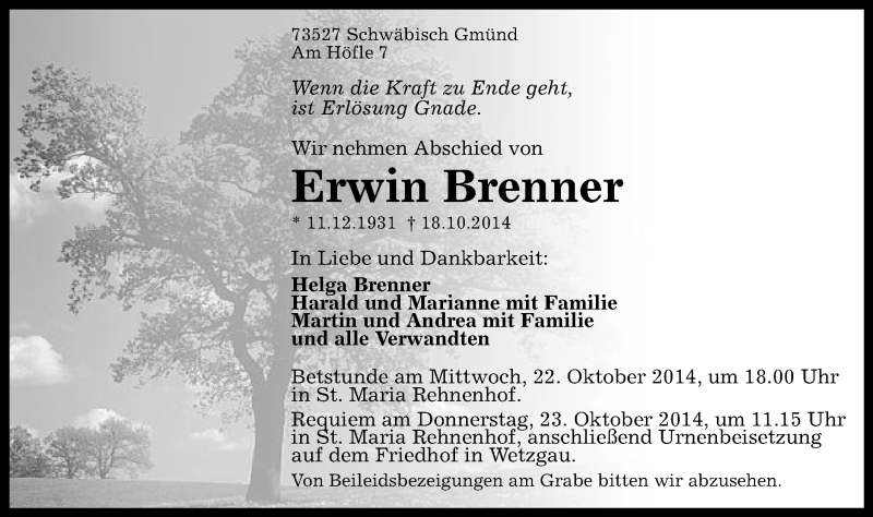  Traueranzeige für Erwin Brenner vom 20.10.2014 aus Gmünder Tagespost