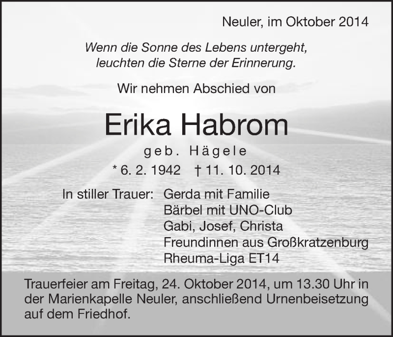  Traueranzeige für Erika Habrom vom 22.10.2014 aus Schwäbische Post