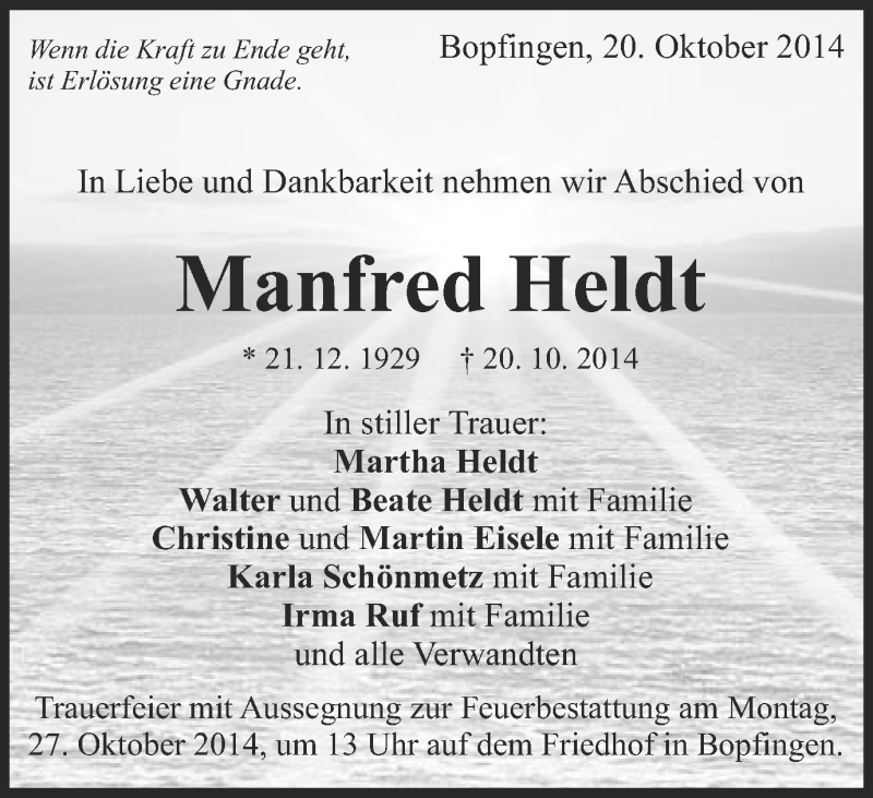  Traueranzeige für Manfred Heldt vom 23.10.2014 aus Schwäbische Post