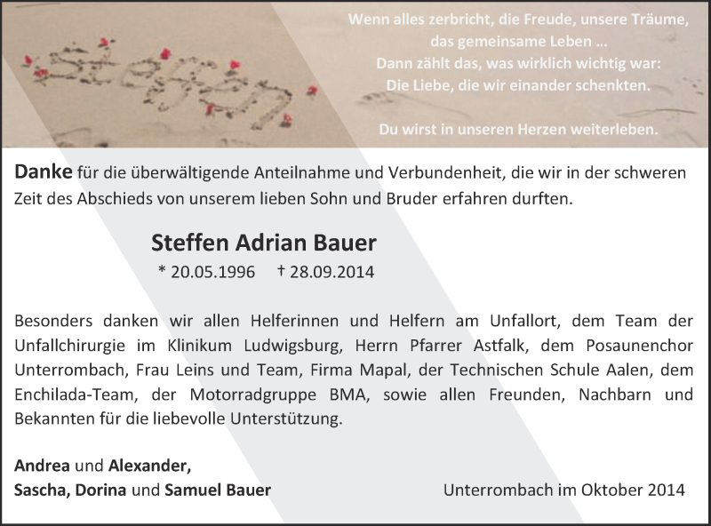  Traueranzeige für Steffen Adrian Bauer vom 30.10.2014 aus Schwäbische Post