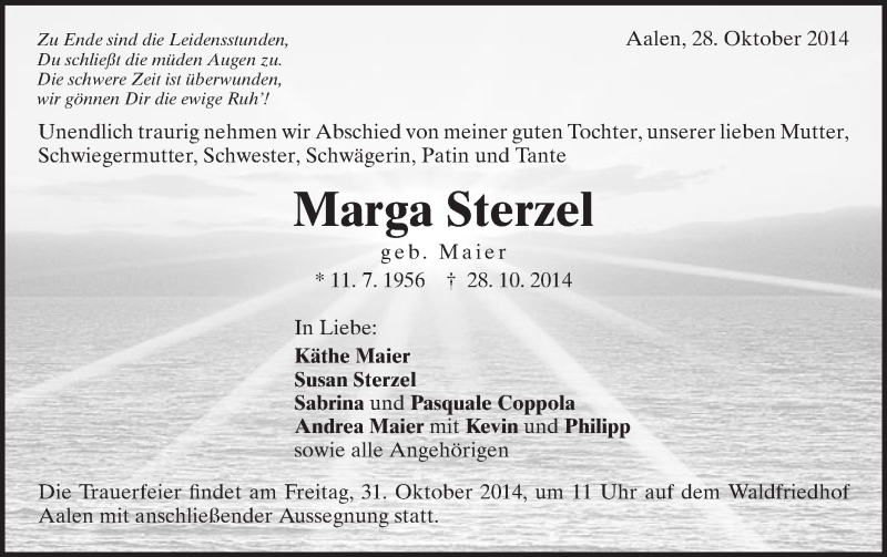  Traueranzeige für Marga Sterzel vom 29.10.2014 aus Schwäbische Post