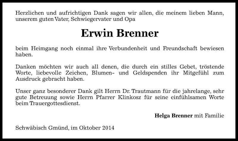  Traueranzeige für Erwin Brenner vom 31.10.2014 aus Gmünder Tagespost