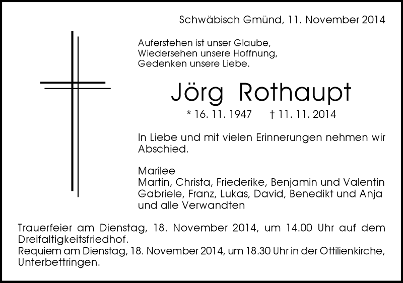  Traueranzeige für Jörg Rothaupt vom 14.11.2014 aus Gmünder Tagespost