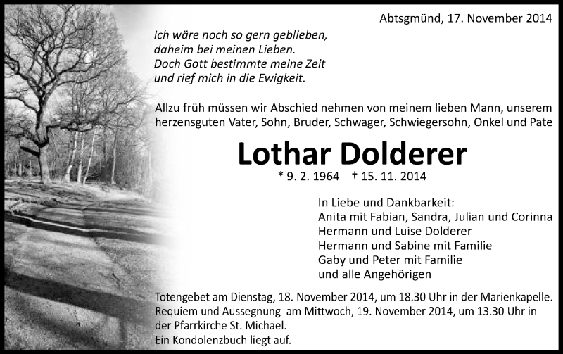  Traueranzeige für Lothar Dolderer vom 17.11.2014 aus Schwäbische Post