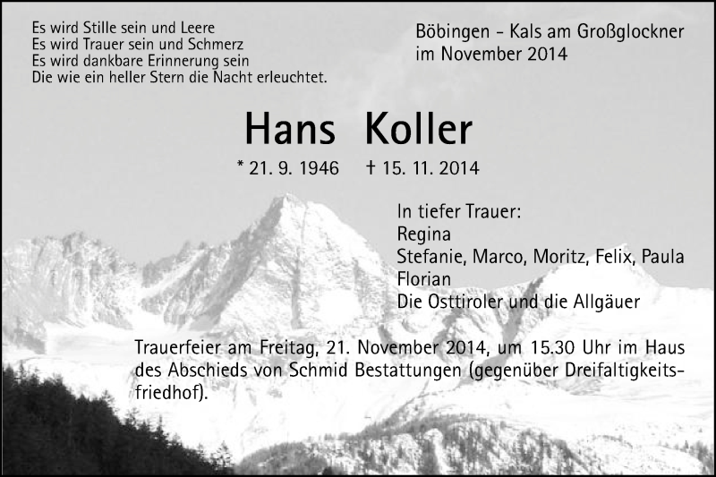  Traueranzeige für Hans Koller vom 18.11.2014 aus Gmünder Tagespost
