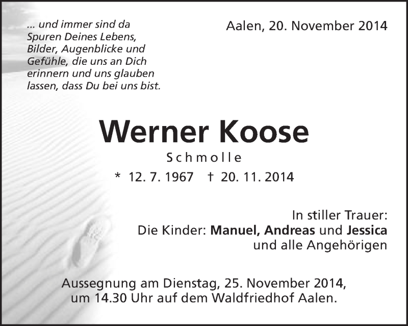  Traueranzeige für Werner Koose vom 22.11.2014 aus Schwäbische Post
