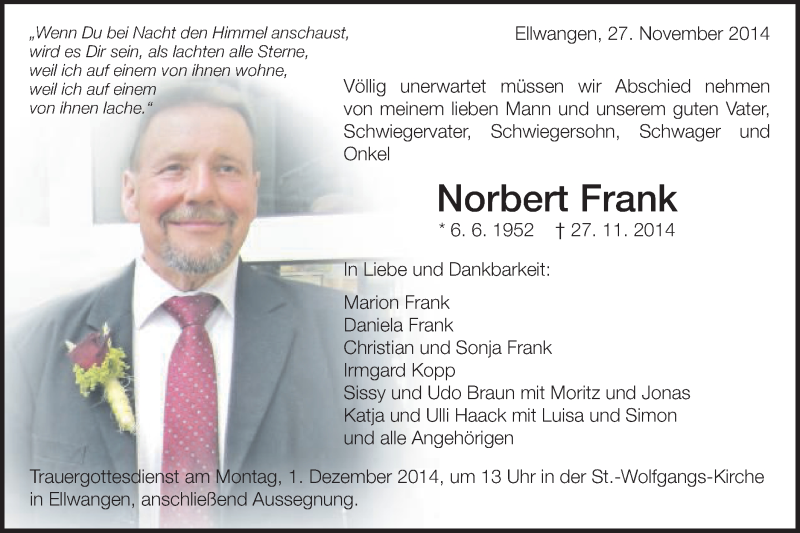  Traueranzeige für Norbert Frank vom 29.11.2014 aus Schwäbische Post