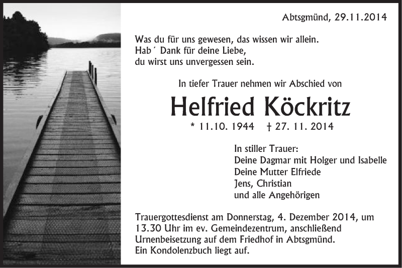  Traueranzeige für Helfried Köckritz vom 29.11.2014 aus Schwäbische Post