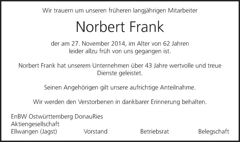  Traueranzeige für Norbert Frank vom 02.12.2014 aus Schwäbische Post
