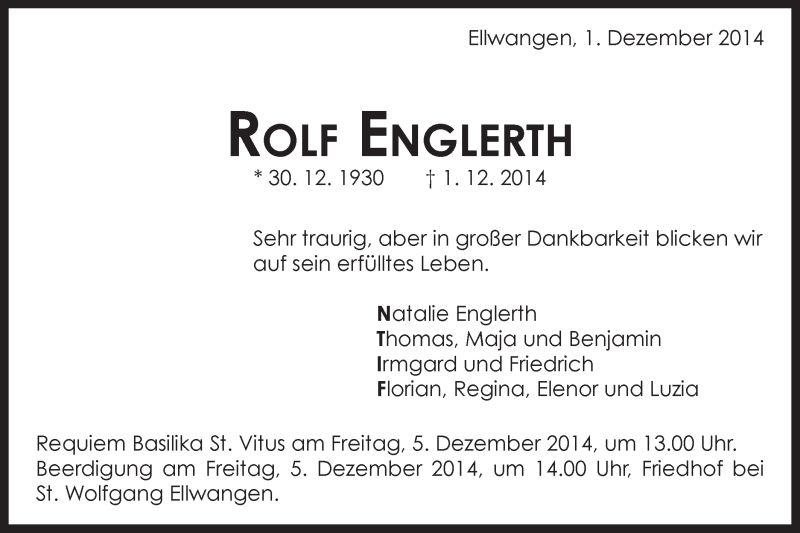  Traueranzeige für Rolf Englerth vom 03.12.2014 aus Schwäbische Post
