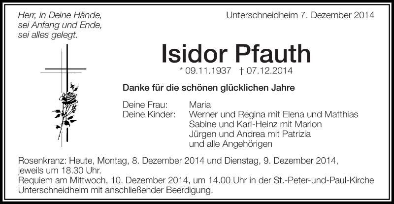  Traueranzeige für Isidor Pfauth vom 08.12.2014 aus Schwäbische Post