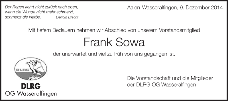  Traueranzeige für Frank Sowa vom 13.12.2014 aus Schwäbische Post