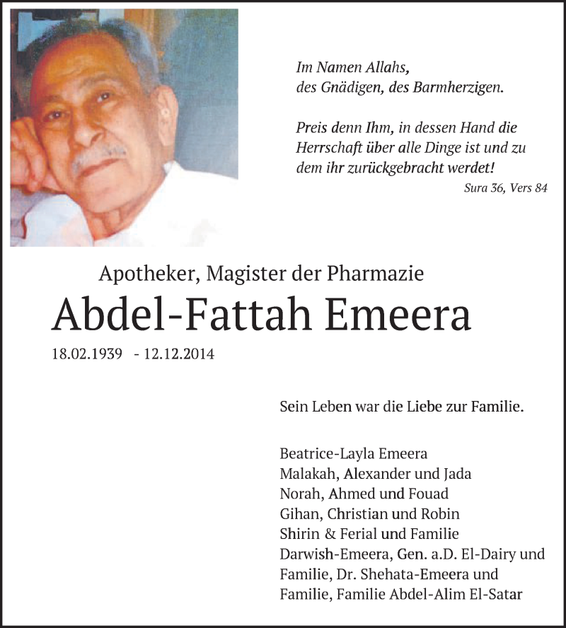  Traueranzeige für Abdel-Fattah Emeera vom 15.12.2014 aus Schwäbische Post