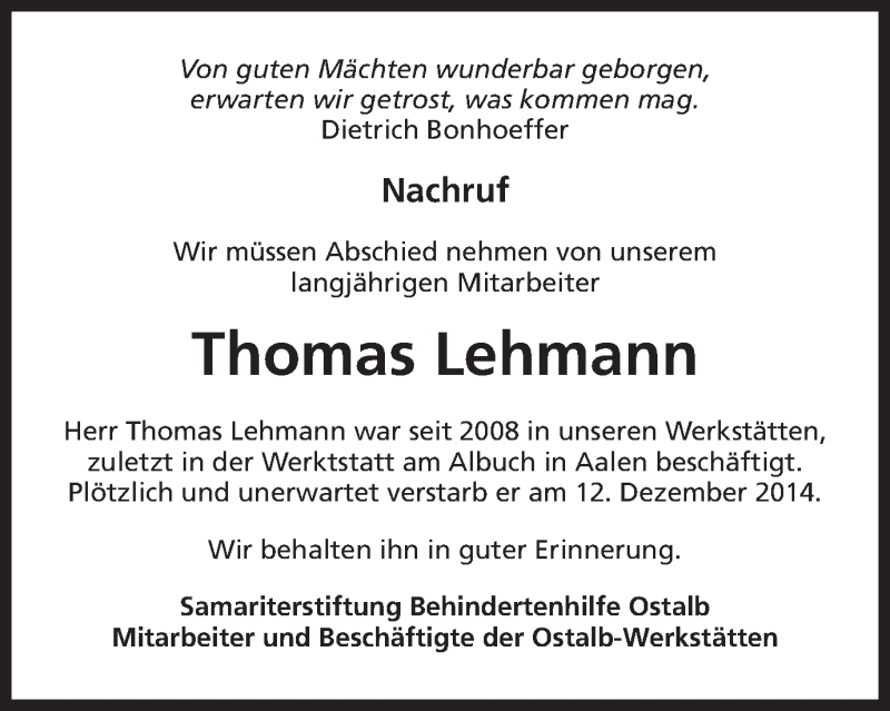  Traueranzeige für Thomas Lehmann vom 16.12.2014 aus Schwäbische Post