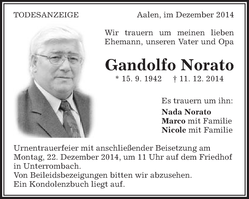  Traueranzeige für Gandolfo Norato vom 18.12.2014 aus Schwäbische Post