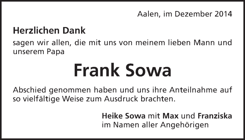  Traueranzeige für Frank Sowa vom 20.12.2014 aus Schwäbische Post