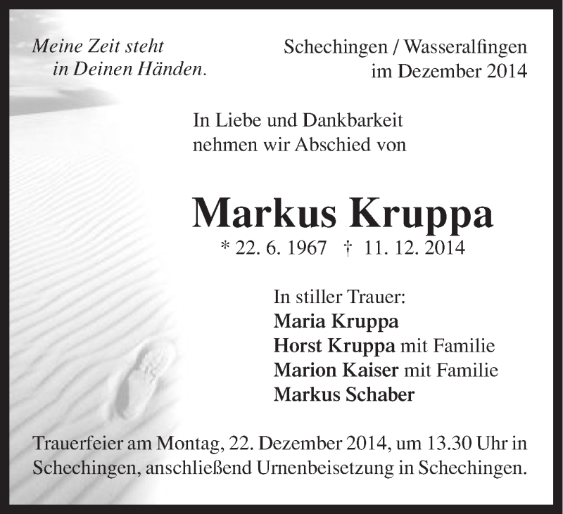  Traueranzeige für Markus Kruppa vom 19.12.2014 aus Gmünder Tagespost