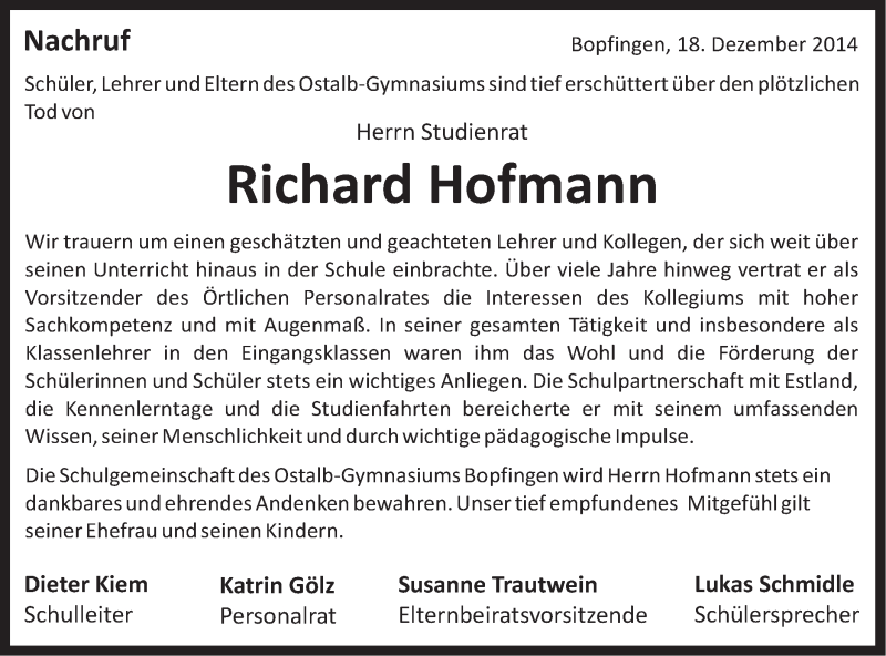  Traueranzeige für Richard Hofmann vom 19.12.2014 aus Schwäbische Post