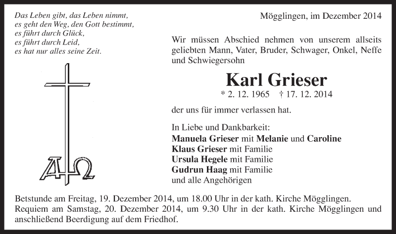  Traueranzeige für Karl Grieser vom 19.12.2014 aus Gmünder Tagespost