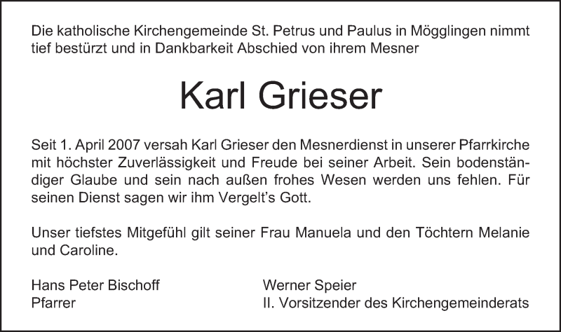  Traueranzeige für Karl Grieser vom 20.12.2014 aus Gmünder Tagespost