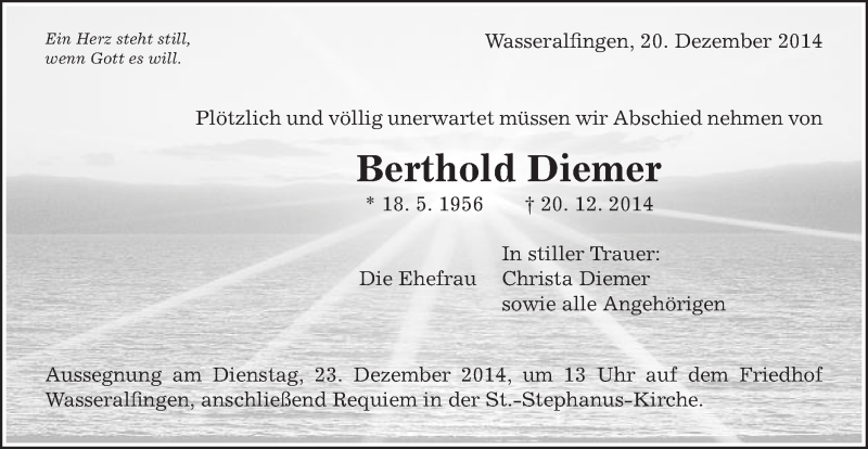  Traueranzeige für Berthold Diemer vom 22.12.2014 aus Schwäbische Post