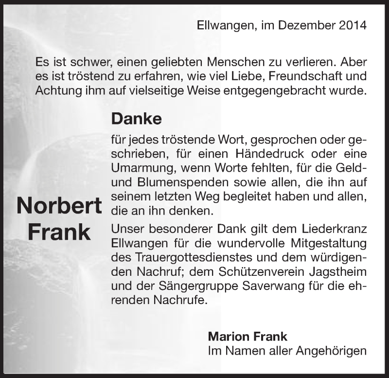  Traueranzeige für Norbert Frank vom 30.12.2014 aus Schwäbische Post