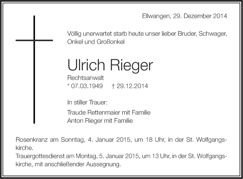  Traueranzeige für Ulrich Rieger vom 31.12.2014 aus Schwäbische Post
