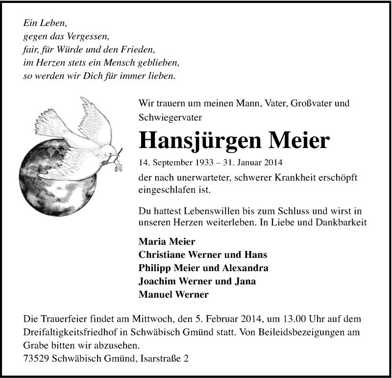  Traueranzeige für Hansjürgen Meier vom 04.02.2014 aus Gmünder Tagespost