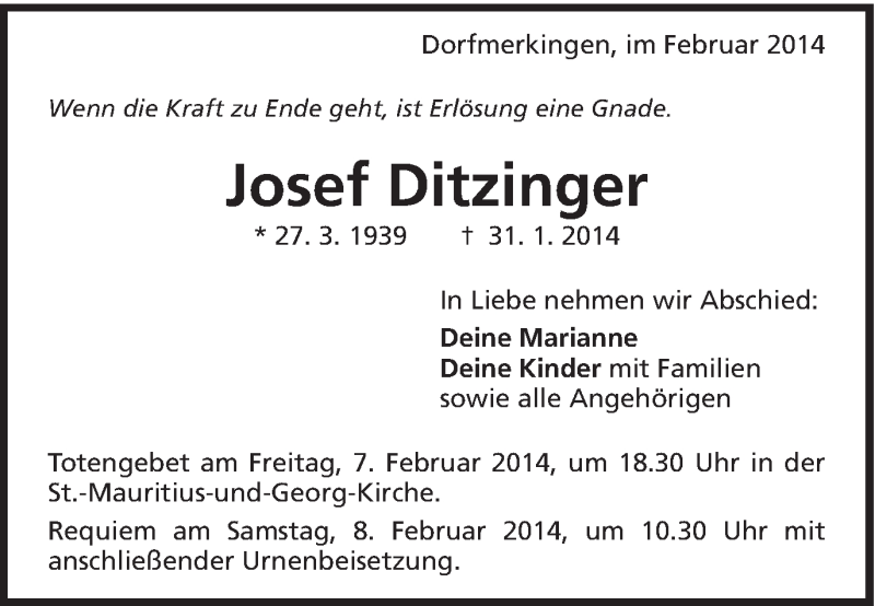  Traueranzeige für Josef Ditzinger vom 05.02.2014 aus Schwäbische Post