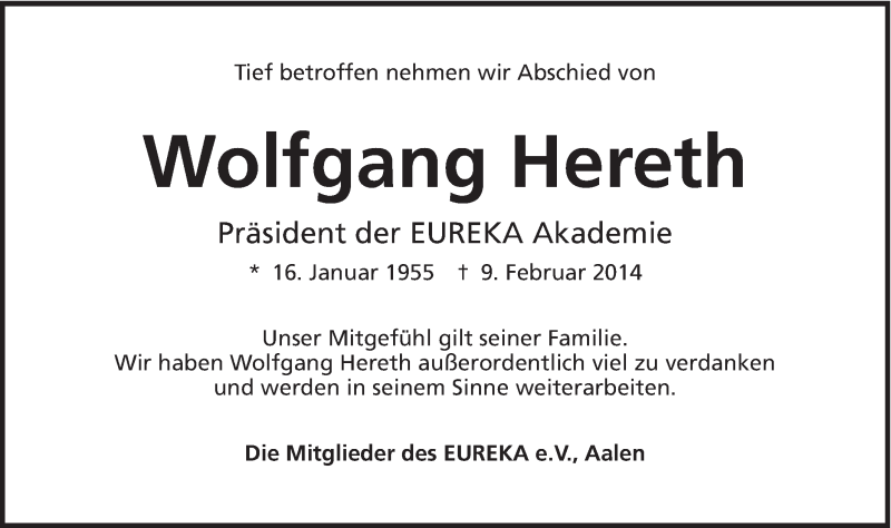  Traueranzeige für Wolfgang Hereth vom 21.02.2014 aus Schwäbische Post