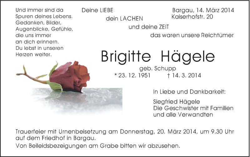  Traueranzeige für Brigitte Hägele vom 17.03.2014 aus Gmünder Tagespost