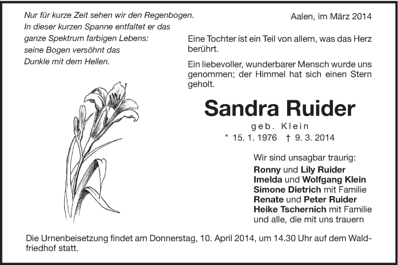  Traueranzeige für Sandra Ruider vom 29.03.2014 aus Schwäbische Post
