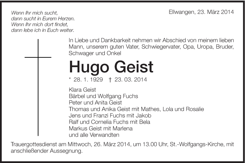  Traueranzeige für Hugo Geist vom 25.03.2014 aus Schwäbische Post