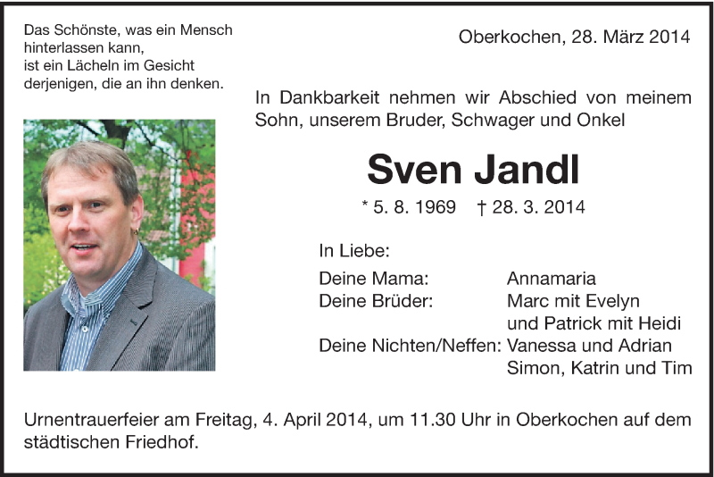  Traueranzeige für Sven Jandl vom 02.04.2014 aus Schwäbische Post