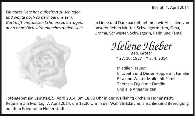  Traueranzeige für Helene Hieber vom 04.04.2014 aus 020