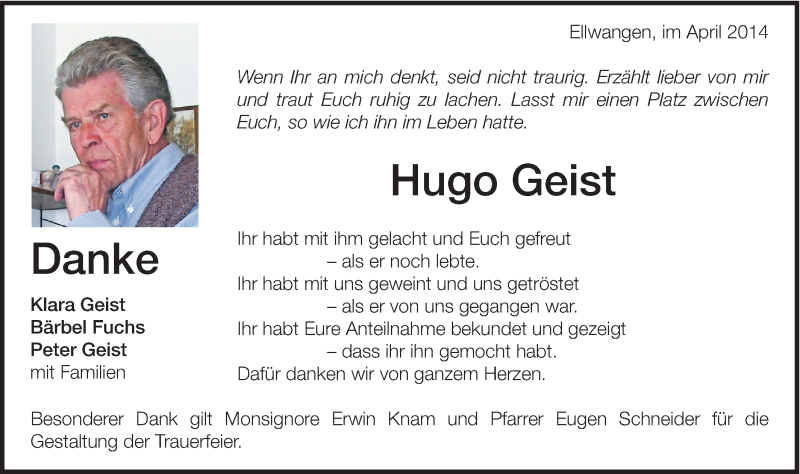  Traueranzeige für Hugo Geist vom 05.04.2014 aus Schwäbische Post
