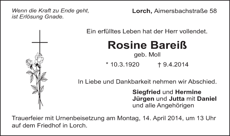  Traueranzeige für Rosine Bareiß vom 11.04.2014 aus Gmünder Tagespost