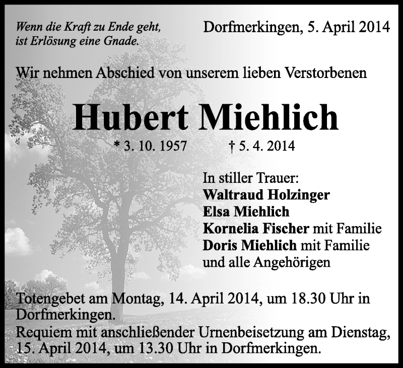  Traueranzeige für Hubert Miehlich vom 11.04.2014 aus Schwäbische Post