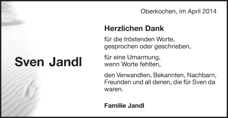  Traueranzeige für Sven Jandl vom 17.04.2014 aus Schwäbische Post