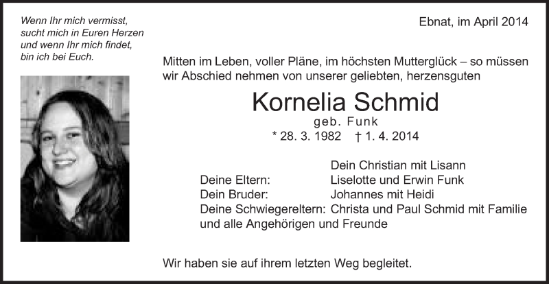  Traueranzeige für Kornelia Schmid vom 16.04.2014 aus Schwäbische Post