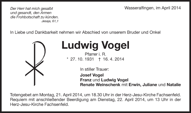  Traueranzeige für Ludwig Anton Vogel vom 19.04.2014 aus Schwäbische Post