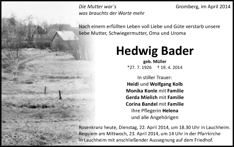  Traueranzeige für Hedwig Bader vom 22.04.2014 aus Schwäbische Post