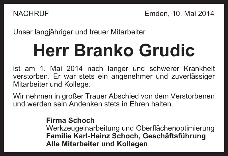  Traueranzeige für Branko Grudic vom 10.05.2014 aus Gmünder Tagespost