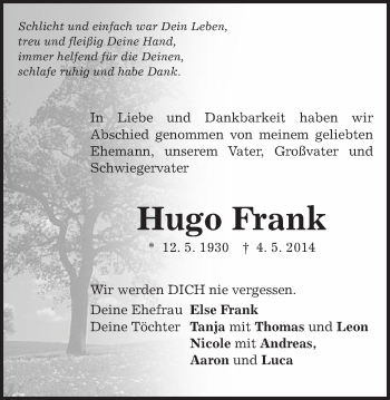 Traueranzeige von Hugo Frank von Schwäbische Post