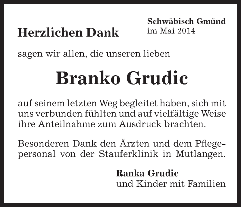  Traueranzeige für Branko Grudic vom 14.05.2014 aus Gmünder Tagespost